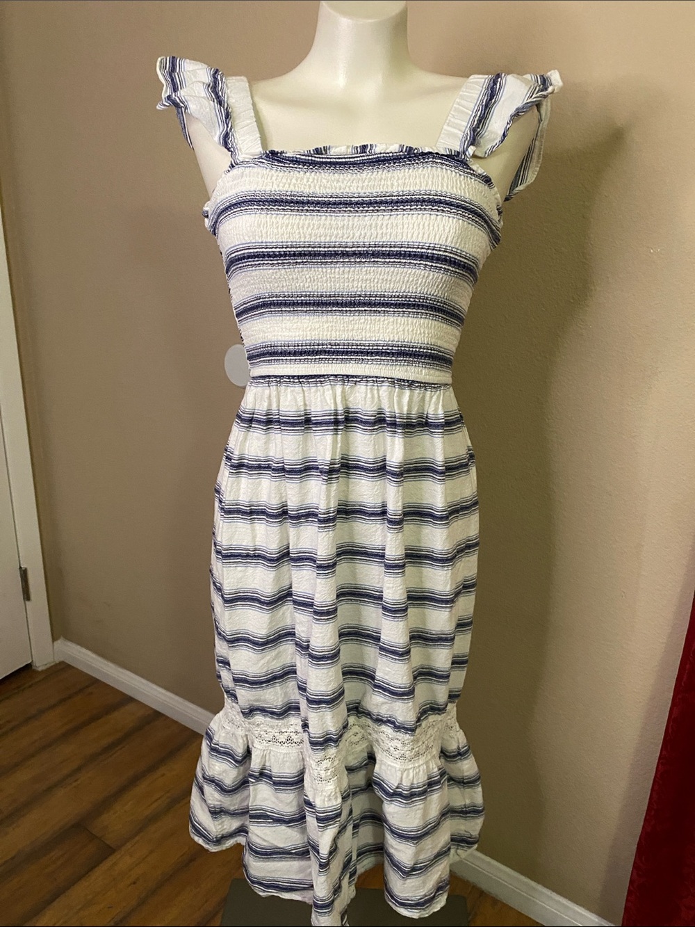 Speed Limit Striped Blue & White smocked cotton boho prairie beach dress M